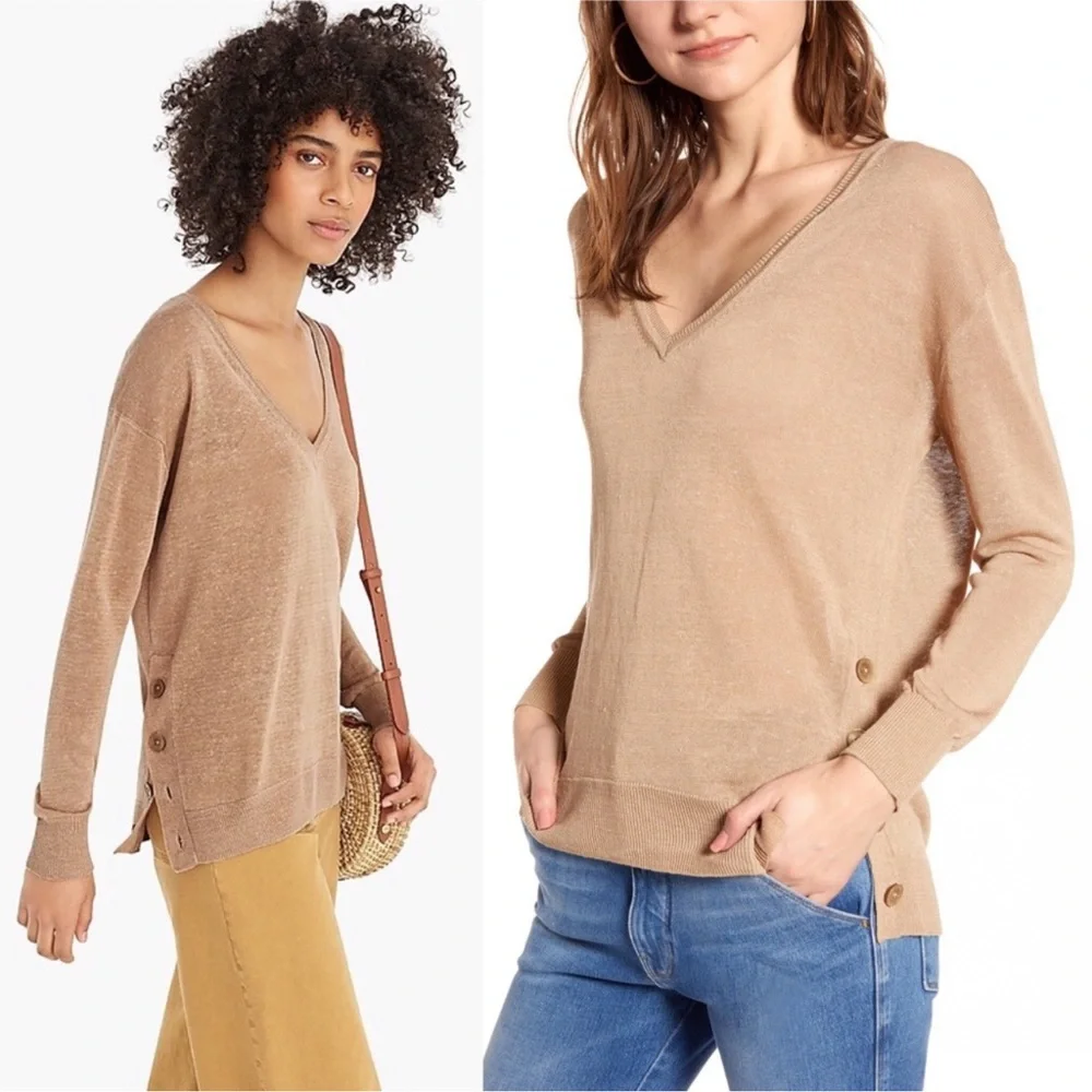J. Crew Side Button Linen Blend V-Neck Sweater
